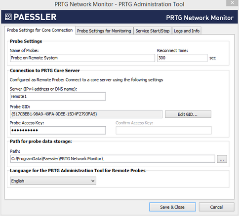 PRTG Administration Tool: Probe Settings for Core Connection