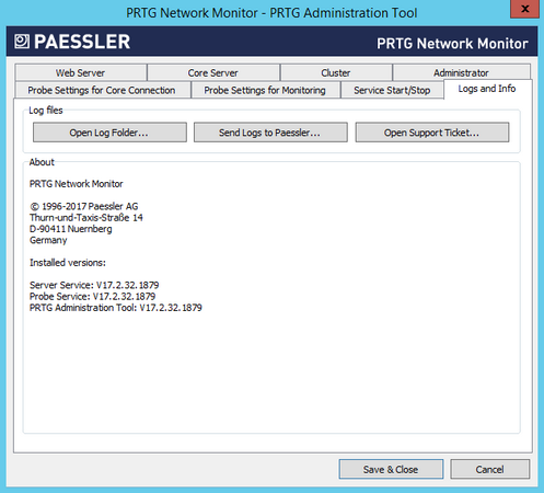 PRTG Administration Tool: Logs and Info