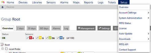 PRTG Main Menu: Setup