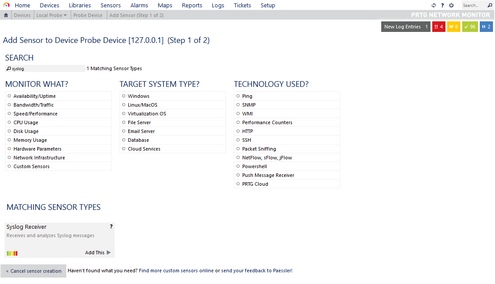 Syslog Receiver Sensor in the Add Sensor Dialog